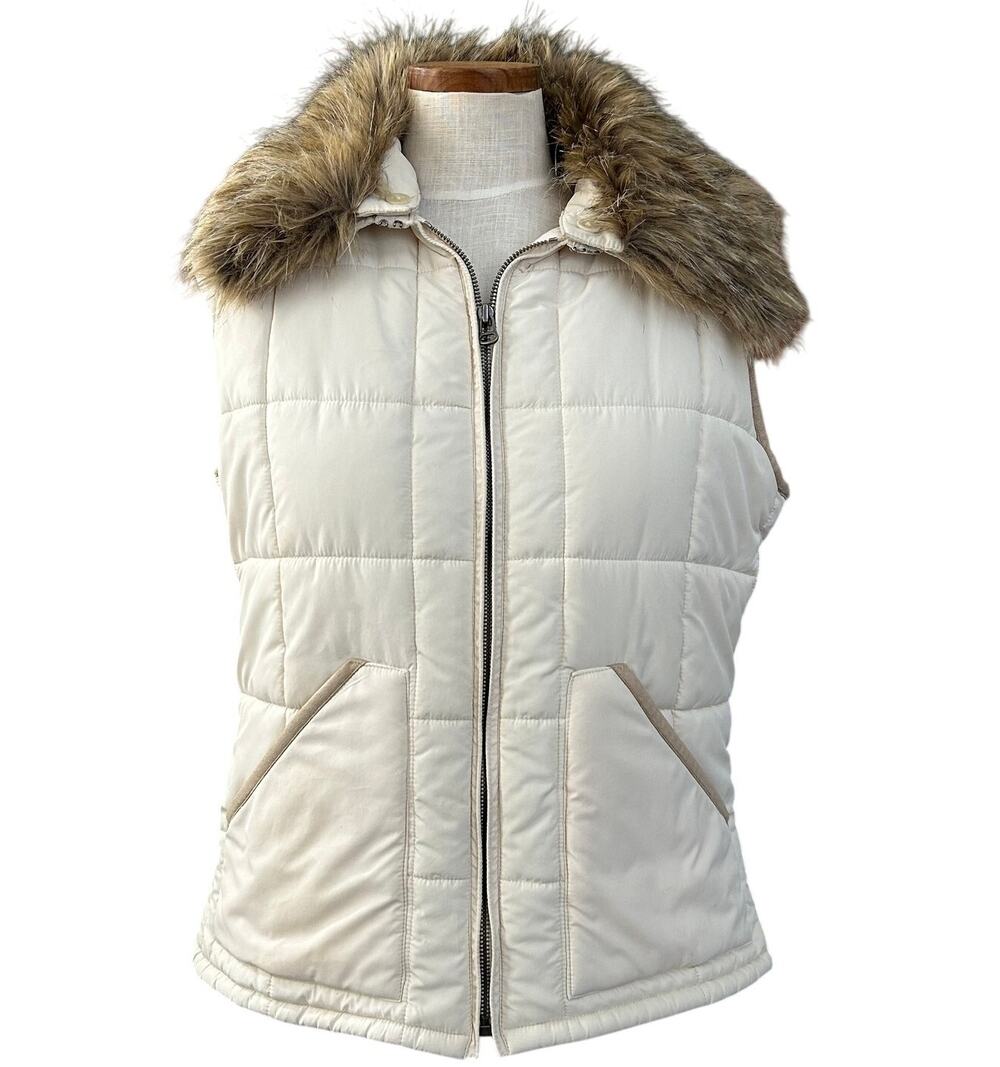 Vintage Ralph Lauren Quilted Cream Puffer Vest SIZE L Faux Fur Ski Luxury Fall